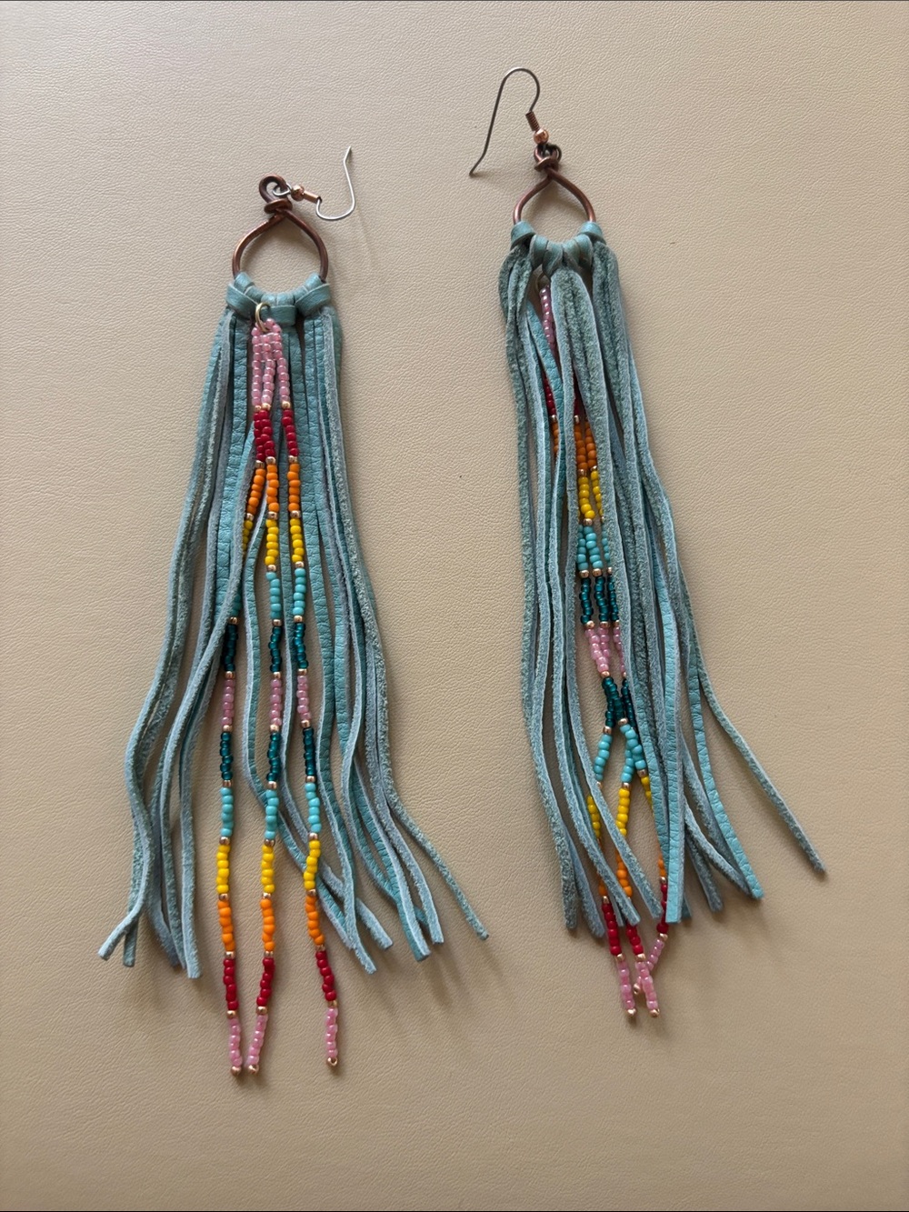 Handmade Turquoise Leather Beaded Fringe Earrings Artisan Boho 8” - Picture 4 of 5